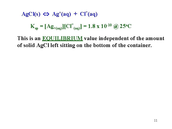 Ag. Cl(s) Ag+(aq) + Cl-(aq) Ksp = [Ag+(aq)][Cl-(aq)] = 1. 8 x 10 -10