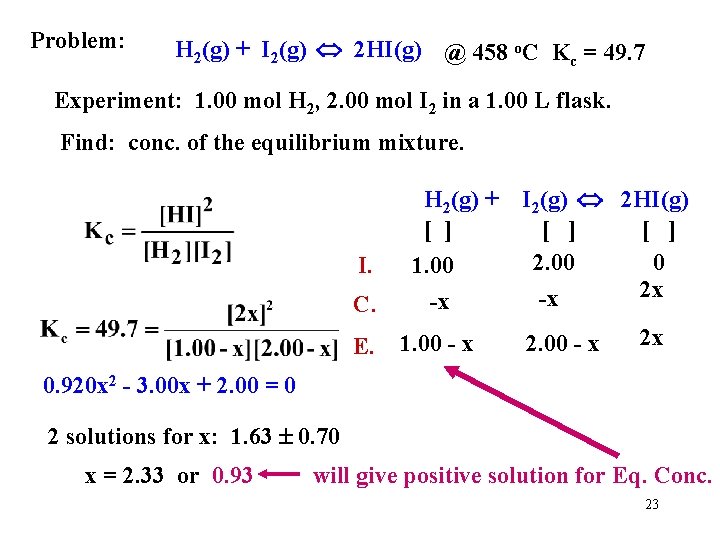 Problem: H 2(g) + I 2(g) 2 HI(g) @ 458 o. C Kc =