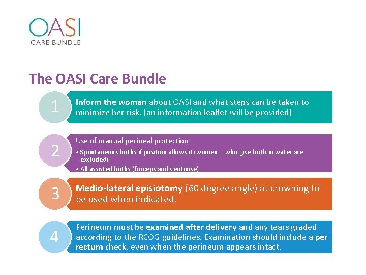 The OASI Care Bundle 1 Inform the woman about OASI and what steps can