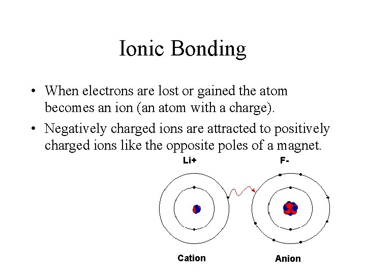 Ionic Bonding • When electrons are lost or gained the atom becomes an ion