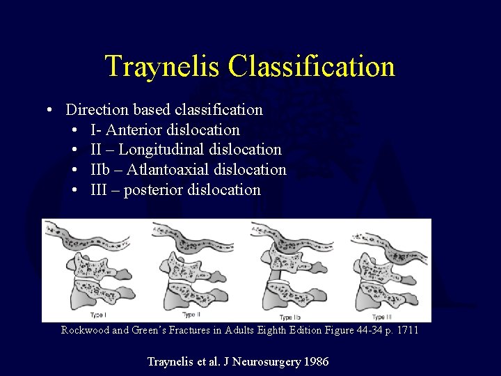 Traynelis Classification • Direction based classification • I- Anterior dislocation • II – Longitudinal