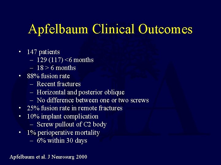 Apfelbaum Clinical Outcomes • 147 patients – 129 (117) <6 months – 18 >