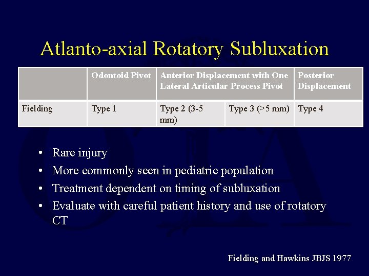Atlanto-axial Rotatory Subluxation Odontoid Pivot Anterior Displacement with One Lateral Articular Process Pivot Fielding