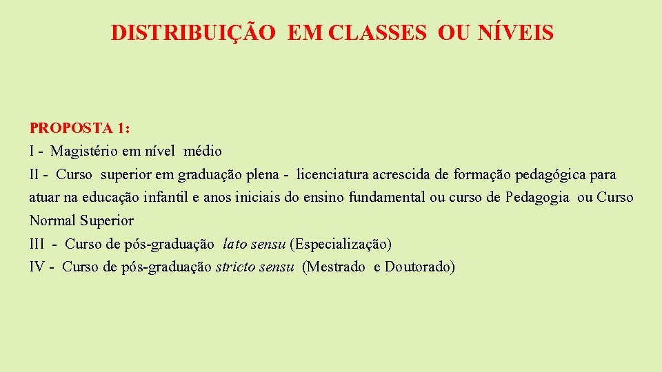 DISTRIBUIÇÃO EM CLASSES OU NÍVEIS PROPOSTA 1: I - Magistério em nível médio II