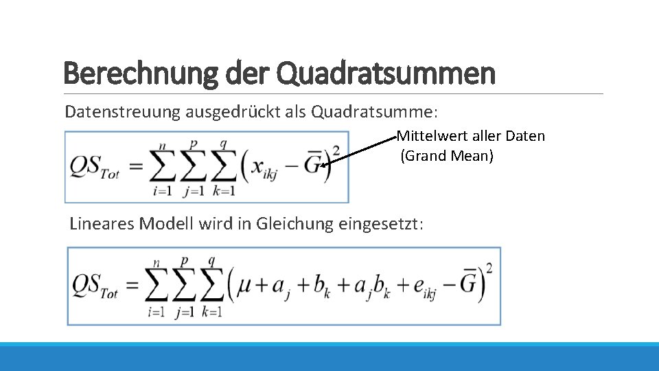 Berechnung der Quadratsummen Datenstreuung ausgedrückt als Quadratsumme: Mittelwert aller Daten (Grand Mean) Lineares Modell