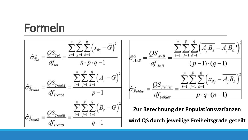 Formeln Zur Berechnung der Populationsvarianzen wird QS durch jeweilige Freiheitsgrade geteilt 