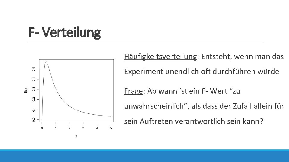 F- Verteilung Häufigkeitsverteilung: Entsteht, wenn man das Experiment unendlich oft durchführen würde Frage: Ab