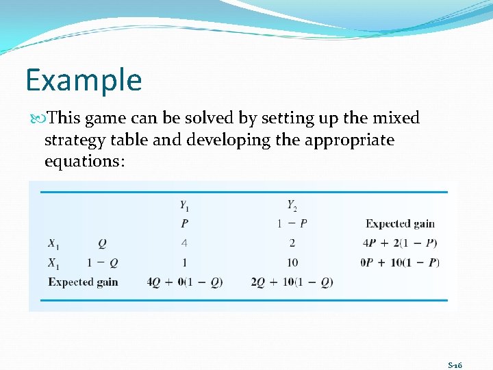 Example This game can be solved by setting up the mixed strategy table and