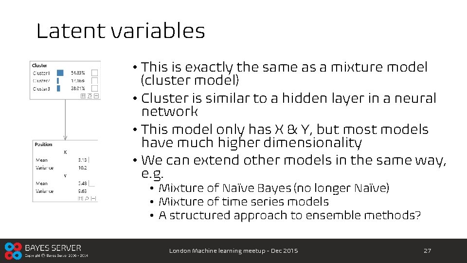 Latent variables • This is exactly the same as a mixture model (cluster model)