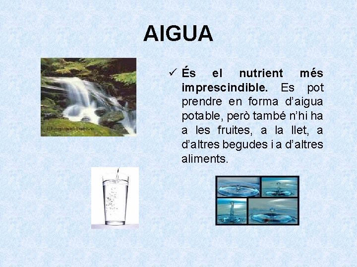 AIGUA ü És el nutrient més imprescindible. Es pot prendre en forma d’aigua potable,