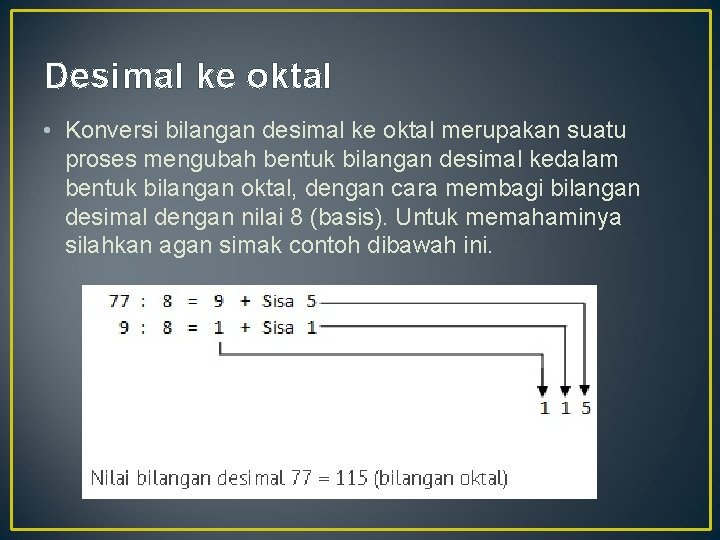 Desimal ke oktal • Konversi bilangan desimal ke oktal merupakan suatu proses mengubah bentuk