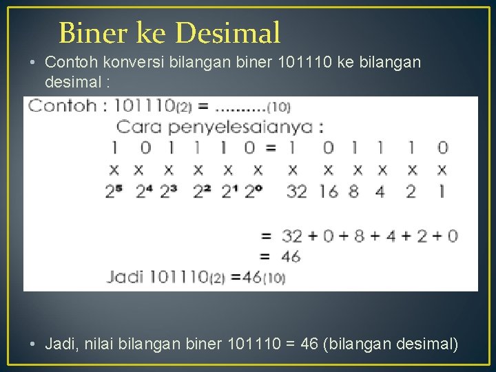 Biner ke Desimal • Contoh konversi bilangan biner 101110 ke bilangan desimal : •