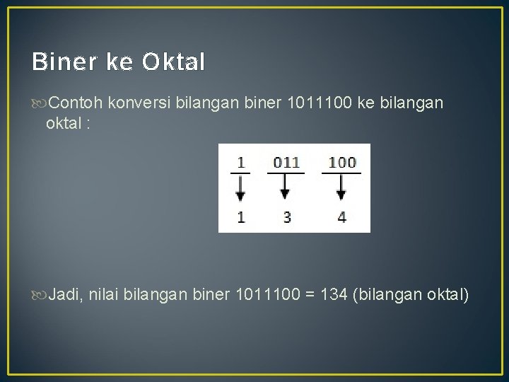 Biner ke Oktal Contoh konversi bilangan biner 1011100 ke bilangan oktal : Jadi, nilai
