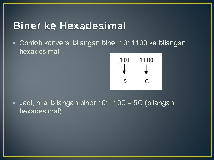 Biner ke Hexadesimal • Contoh konversi bilangan biner 1011100 ke bilangan hexadesimal : •