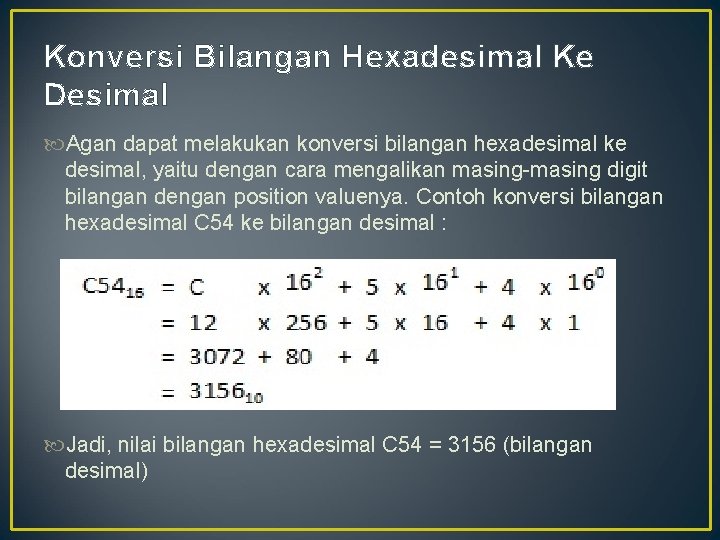 Konversi Bilangan Hexadesimal Ke Desimal Agan dapat melakukan konversi bilangan hexadesimal ke desimal, yaitu