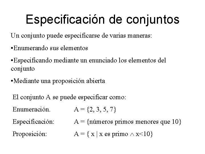 Especificación de conjuntos Un conjunto puede especificarse de varias maneras: • Enumerando sus elementos