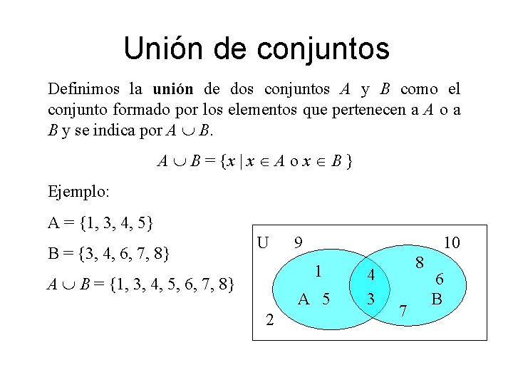 Unión de conjuntos Definimos la unión de dos conjuntos A y B como el