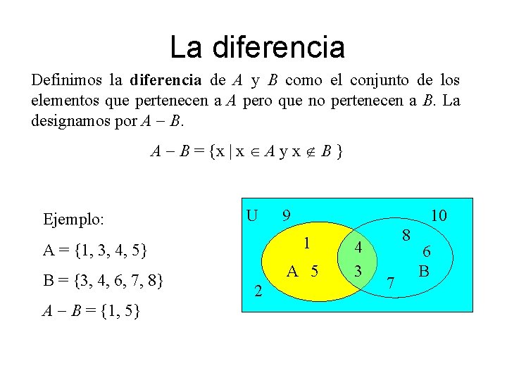 La diferencia Definimos la diferencia de A y B como el conjunto de los