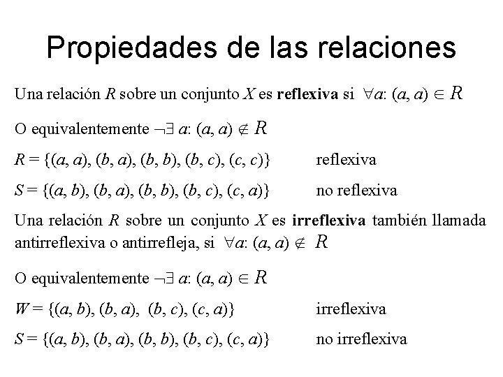 Propiedades de las relaciones Una relación R sobre un conjunto X es reflexiva si