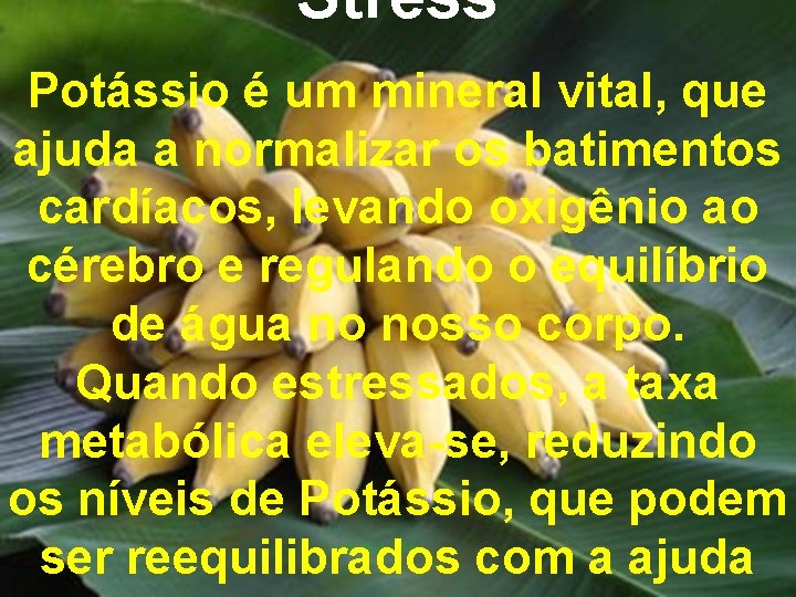 Stress Potássio é um mineral vital, que ajuda a normalizar os batimentos cardíacos, levando