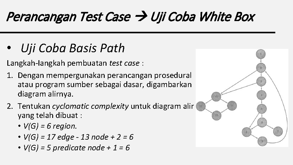 Perancangan Test Case Uji Coba White Box • Uji Coba Basis Path Langkah-Iangkah pembuatan