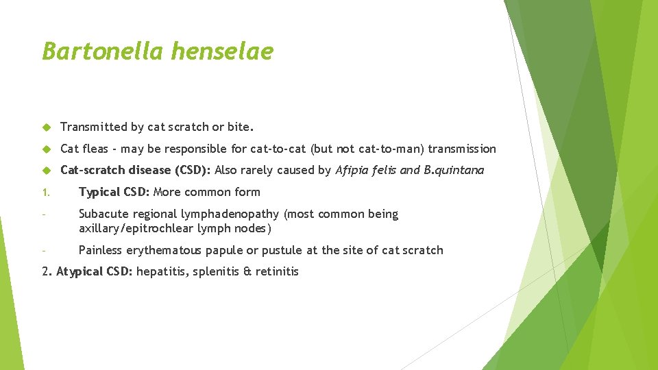 Bartonella henselae Transmitted by cat scratch or bite. Cat fleas - may be responsible