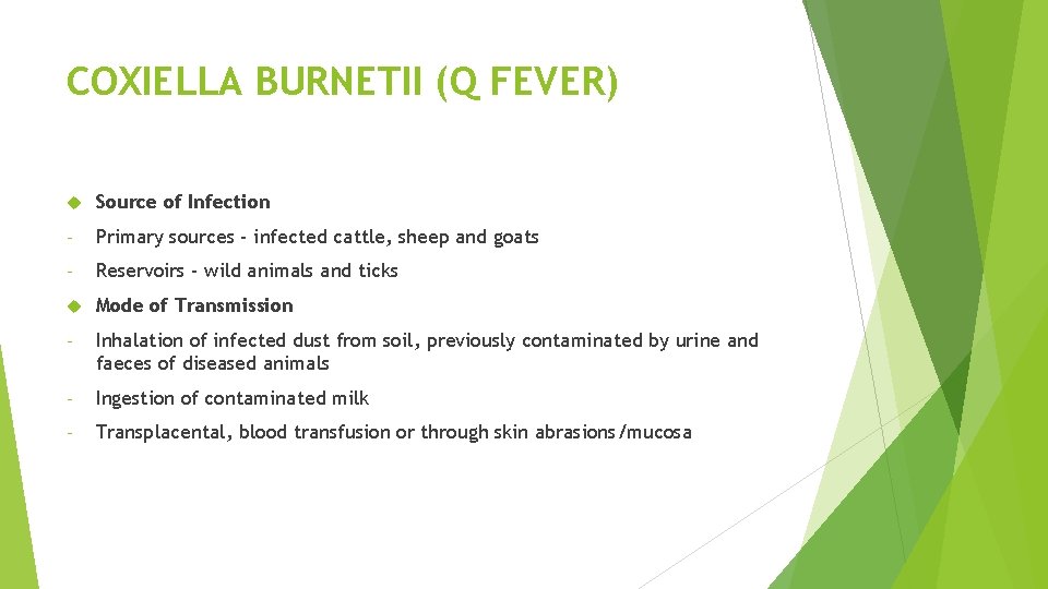 COXIELLA BURNETII (Q FEVER) Source of Infection - Primary sources - infected cattle, sheep