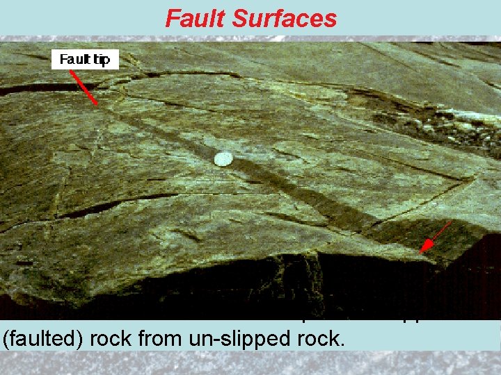 Fault Surfaces • A fault surface is the discrete fracture or discontinuity across which