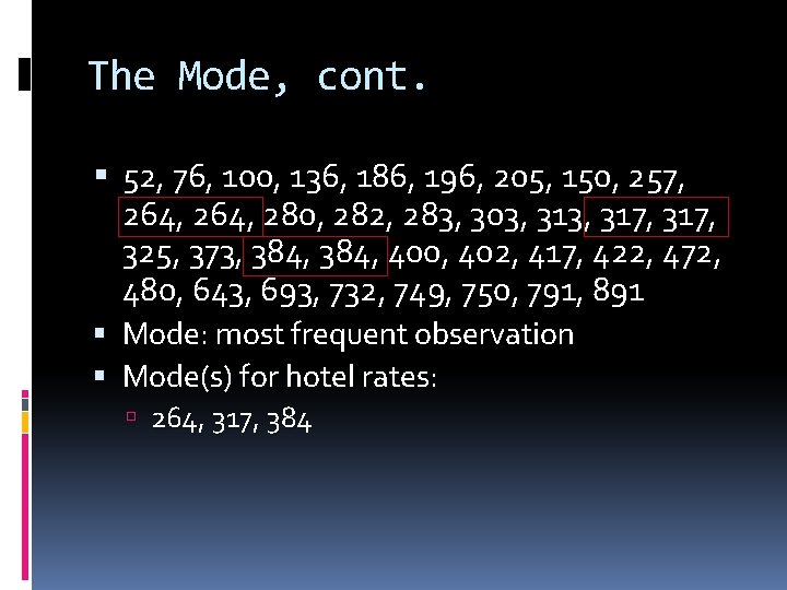 The Mode, cont. 52, 76, 100, 136, 186, 196, 205, 150, 257, 264, 280,