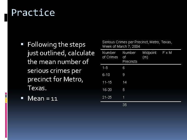 Practice Following the steps just outlined, calculate the mean number of serious crimes per