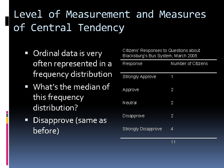 Level of Measurement and Measures of Central Tendency Ordinal data is very often represented