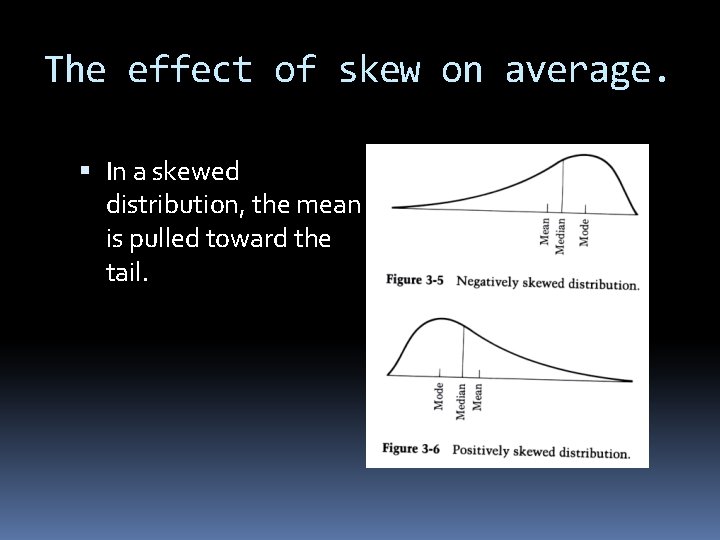 The effect of skew on average. In a skewed distribution, the mean is pulled