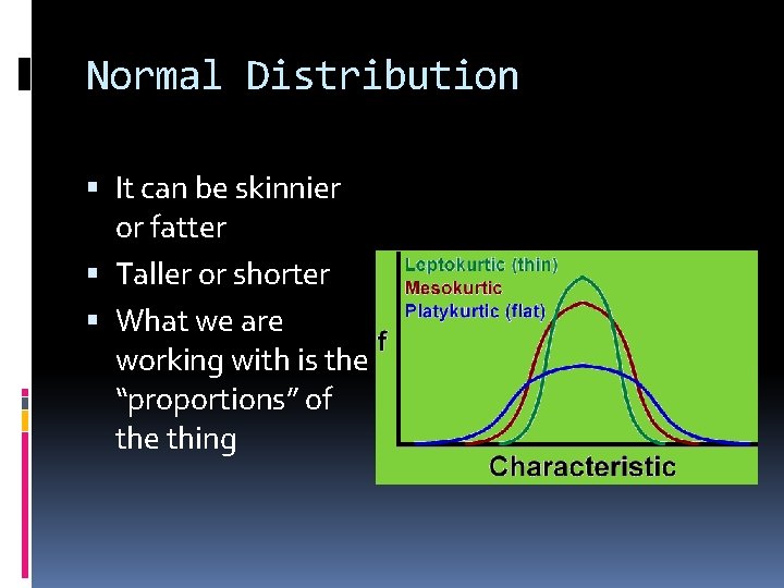 Normal Distribution It can be skinnier or fatter Taller or shorter What we are