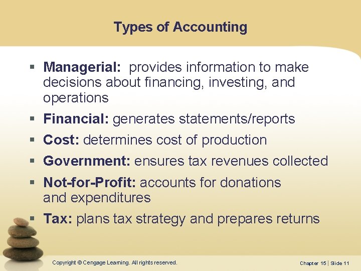 Types of Accounting § Managerial: provides information to make decisions about financing, investing, and