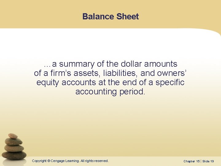 Balance Sheet …a summary of the dollar amounts of a firm’s assets, liabilities, and