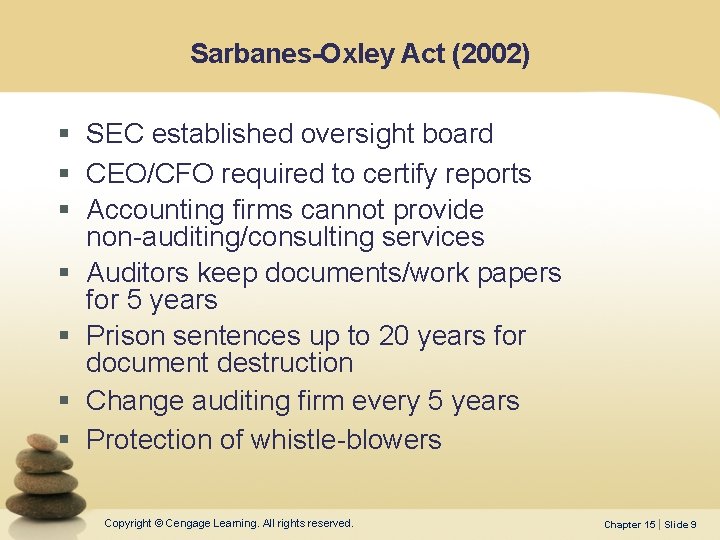 Sarbanes-Oxley Act (2002) § SEC established oversight board § CEO/CFO required to certify reports