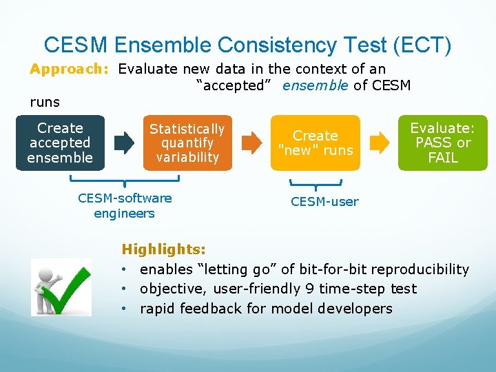 CESM Ensemble Consistency Test (ECT) Approach: Evaluate new data in the context of an