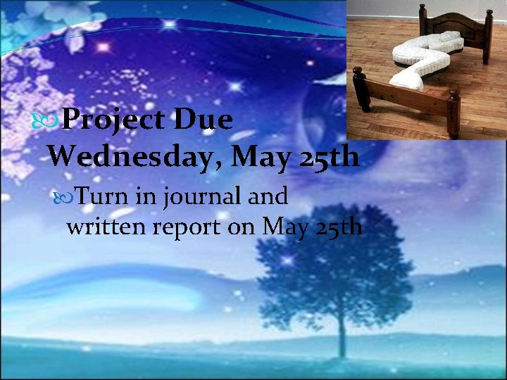  Project Due Wednesday, May 25 th Turn in journal and written report on
