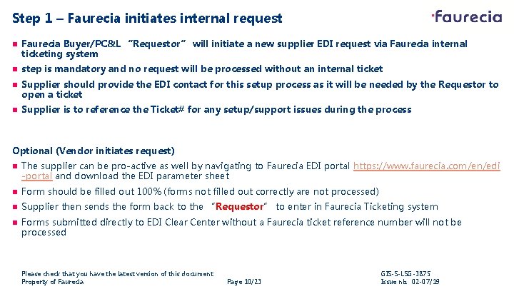Step 1 – Faurecia initiates internal request n Faurecia Buyer/PC&L “Requestor” will initiate a