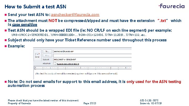 How to Submit a test ASN n Send your test ASN to: asnchecker@faurecia. com