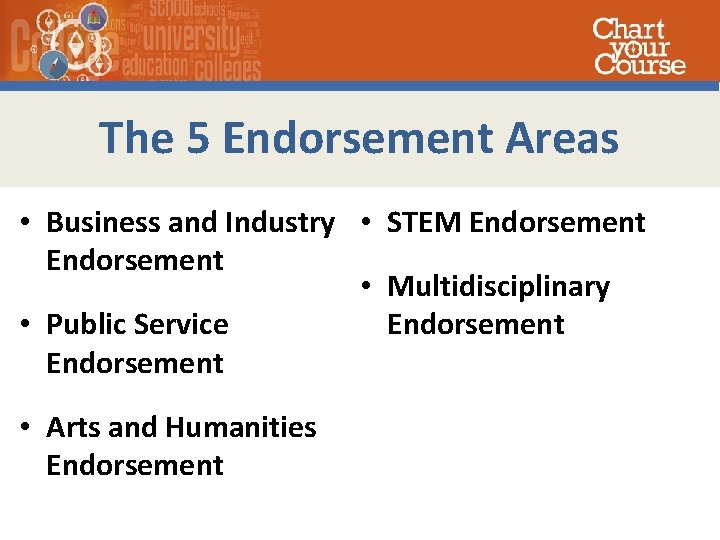 The 5 Endorsement Areas • Business and Industry • STEM Endorsement • Multidisciplinary Endorsement