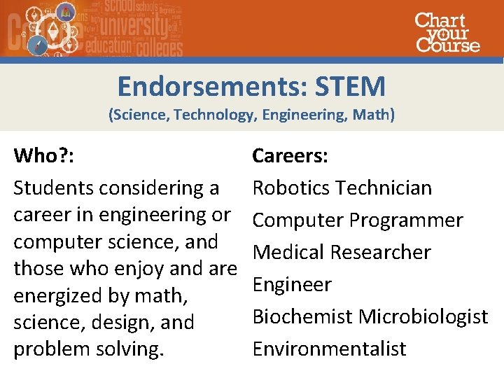 Endorsements: STEM (Science, Technology, Engineering, Math) Who? : Students considering a career in engineering