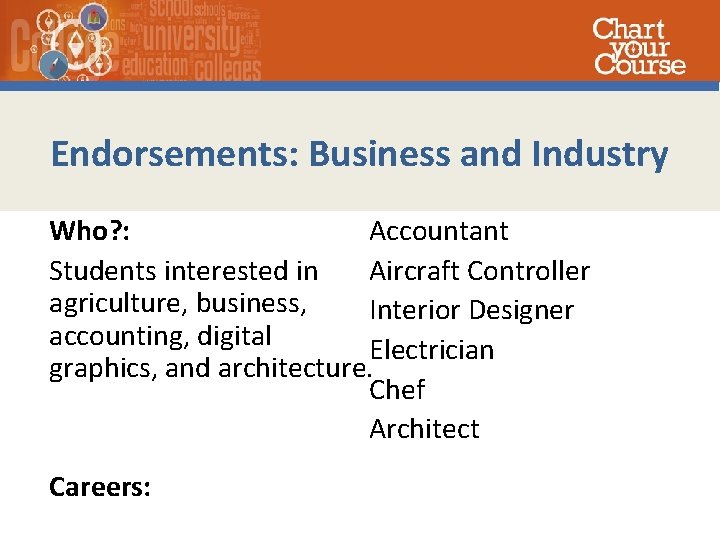 Endorsements: Business and Industry Who? : Accountant Students interested in Aircraft Controller agriculture, business,