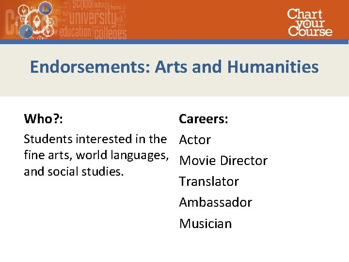 Endorsements: Arts and Humanities Careers: Students interested in the Actor fine arts, world languages,