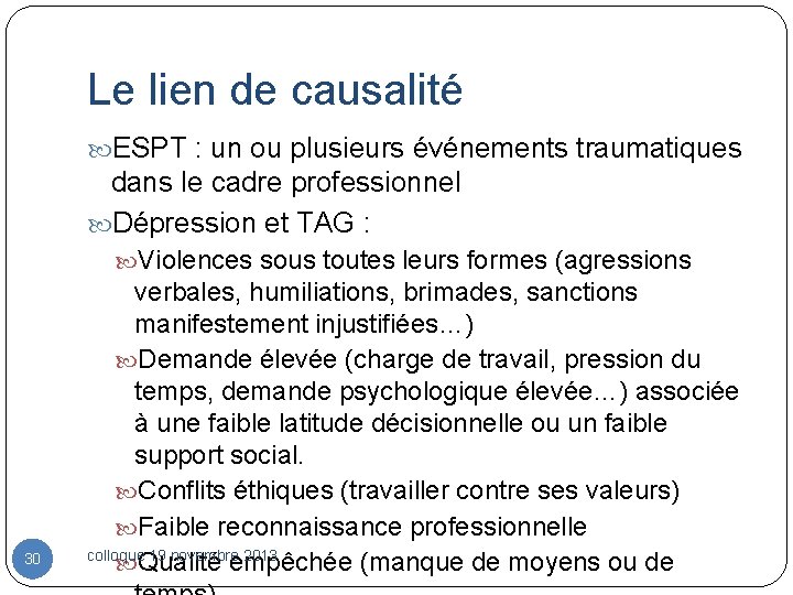 Le lien de causalité ESPT : un ou plusieurs événements traumatiques dans le cadre