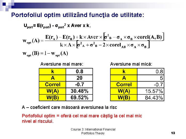 Portofoliul optim utilizând funcţia de utilitate: Uport= E(rport) - σport 2 x Aver x