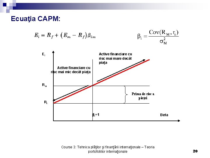 Ecuaţia CAPM: Ei Active financiare cu risc mai mare decât piaţa Active financiare cu