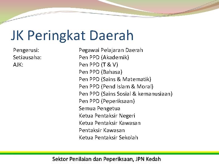 JK Peringkat Daerah Pengerusi: Setiausaha: AJK: Pegawai Pelajaran Daerah Pen PPD (Akademik) Pen PPD