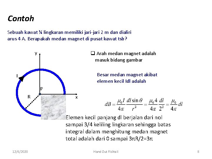 Contoh Sebuah kawat ¾ lingkaran memiliki jari-jari 2 m dan dialiri arus 4 A.