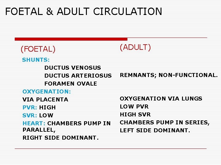 FOETAL & ADULT CIRCULATION (FOETAL) SHUNTS: DUCTUS VENOSUS DUCTUS ARTERIOSUS FORAMEN OVALE OXYGENATION: VIA